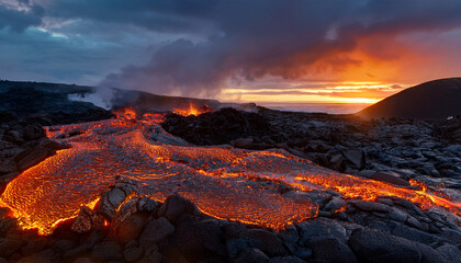 Fototapeta premium a captivating image of glowing embers and flowing lava over dark stones the interplay of light and shadows creates an intense atmospheric scene evoking nature s raw power