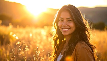 Woman smiling sunset field.