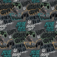 Street art lettering Seamless pattern with graffiti-style text, gaming icons, gamepads, phrases GAME ON, GAMER FUN, PWR, HOT, move on. Urban print for streetwear, gaming apparel, digital designs.