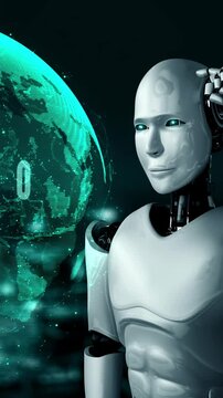 Futuristic robot artificial intelligence huminoid AI programming coding technology development and machine learning concept. Robotic bionic science research for future of human life. 3D rendering.