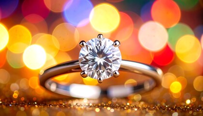 Diamond ring with festive bokeh background.