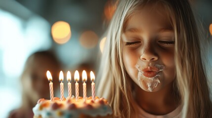 A young girl with a delighted expression blows out the candles on her birthday cake, symbolizing happiness and the joy of celebration, captured in a heartfelt moment of childhood.