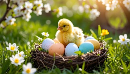 Chick in Easter nest with spring garden.