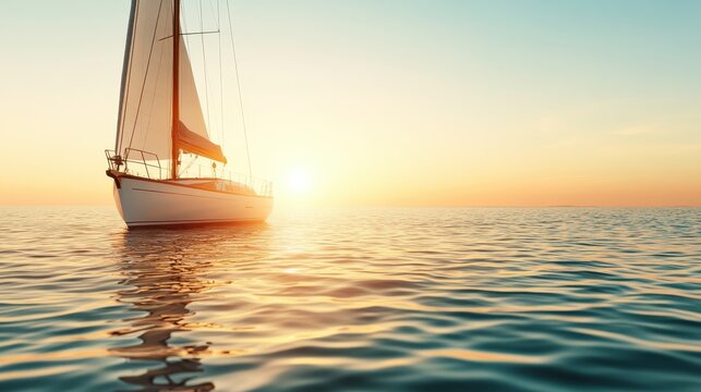 A serene sailboat gliding through calm waters at sunset, capturing the tranquility and beauty of nature while emphasizing the peaceful solitude of maritime exploration. - Powered by Adobe