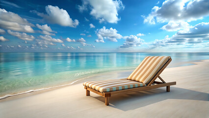 Fototapeta premium Serene Beach Scene with Tan and Beige Striped Chaise Lounge on White Sand Turquoise Ocean Under