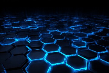 Obraz premium Dynamic abstract background featuring a grid of glowing blue hexagons, symbolizing connectivity, data flow, and advanced technological innovation in a futuristic digital landscape.