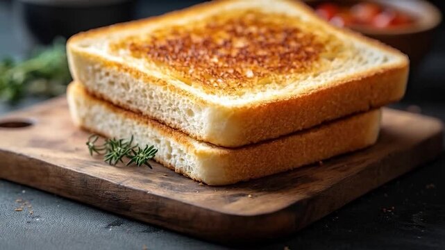 Toasted bread slices on a wooden board
