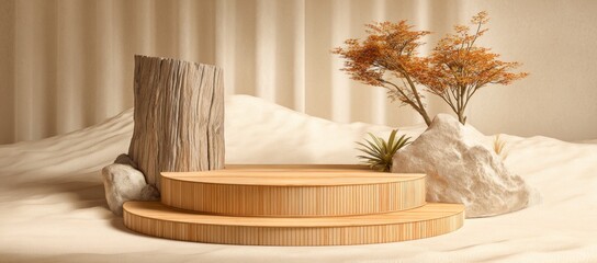 Minimalist natural product display podium with elegant wooden platform, featuring rustic wood and serene autumnal accents for a calming aesthetic showcase.