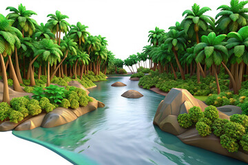 Generative AI, green beautiful amazonian jungle landscape with trees and river, drone view