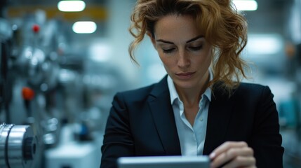A focused businesswoman in a professional attire scrutinizes her tablet in a modern workshop, representing innovation and dedication to her work in a high-tech environment.