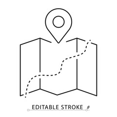 Map with route icon in minimal line style with editable stroke. Navigation element, travel symbol, folded paper map with location pin for journey planning, GPS visuals, trip design.