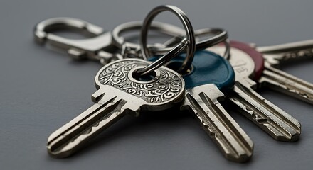 bunch of keys with keychain on a solid background