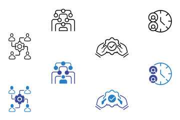 Collaboration line and flat icon set. Business, teamwork, meeting, partnership, work group, business people, conference, presentation, team action icons. Editable vector illustration