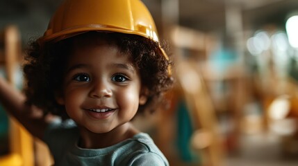 A joyful child wearing a hard hat and smiling brightly in a vibrant construction site, symbolizing playfulness, safety, and the excitement of future possibilities.