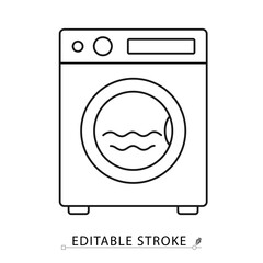 Washing machine icon in minimal linear style with editable stroke. Symbol of laundry, washing, domestic appliances, clothes cleaning, home chores and hygiene visuals. Laundry, appliance.