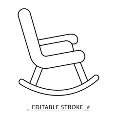 Rocking chair icon in minimal line style with editable stroke. Classic furniture, relaxation seat, comfort symbol for cozy interior visuals, home decor, traditional design and rest zone concept.
