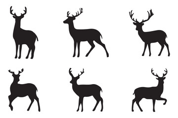 A collection of deer silhouettes showing various poses and antler configurations, ideal for wildlife-themed designs or illustrations.