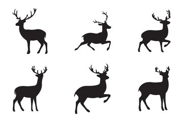 A collection of deer silhouettes showing various poses and antler configurations, ideal for wildlife-themed designs or illustrations.