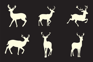 Vector deer silhouettes depict wild mammals with antlers, illustrating nature's diverse wildlife