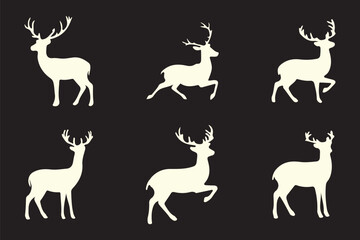 Vector deer silhouettes depict wild mammals with antlers, illustrating nature's diverse wildlife