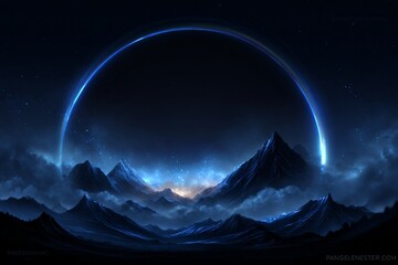 A Breathtaking Vision of an Ethereal Cosmic Ring Ascending Over a Mysterious Mountain Range, Casting an Otherworldly Glow Across a Tranquil Night Sky, Evoking Infinite Wonder.
