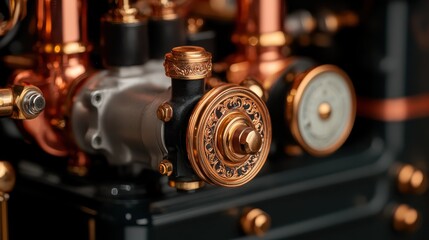 An exquisite close-up of a vintage machine showcasing its intricate brass and copper elements, highlighting craftsmanship and mechanical beauty with a touch of nostalgia.