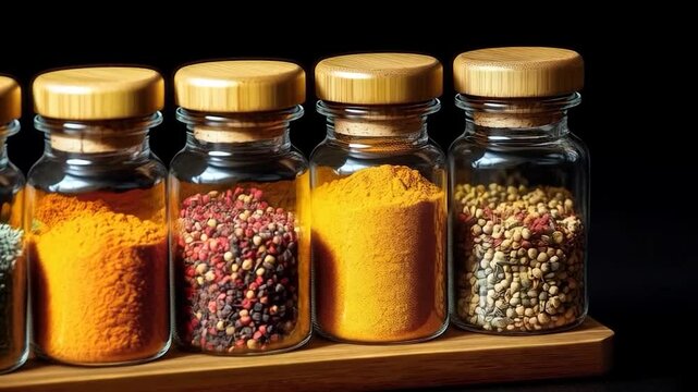 Spice jars in a row on a wooden rack