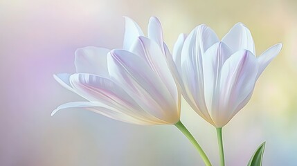 Delicate white tulips in soft pastel colors.