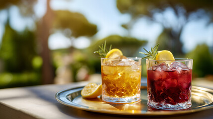 Mediterranean Cocktails in the Morning Sunlight Under Pine Trees – Summer Refreshment on a Rustic Tray