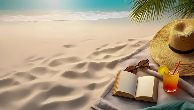 A shot for a summer mood: an open book, a straw hat, sunglasses and a refreshing cocktail on the beach sand, with a blurred background of the ocean and palm leaves. This image is perfect for themes re