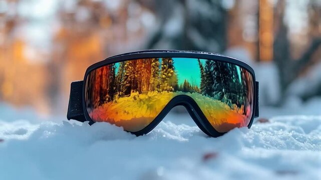 Close-up of ski goggles on snow, reflecting a winter landscape