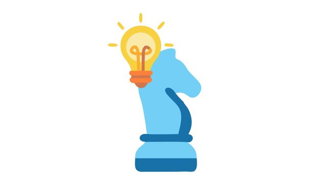 Chess knight with bright idea logo in cartoon animation. Strategic idea development project icon. Innovative thinking in brainstorming strategy symbol. Alpha channel. Seamless looping.