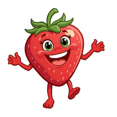 "Adorable strawberry cartoon with blushing pink cheeks, shy smile, big sparkling eyes, tiny hands together, transparent background, PNG"
