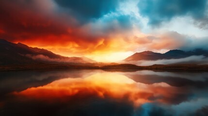 A breathtaking sunset reflects on a tranquil lake surrounded by mountains and mist, creating a serene and picturesque landscape that captivates the viewer's imagination.