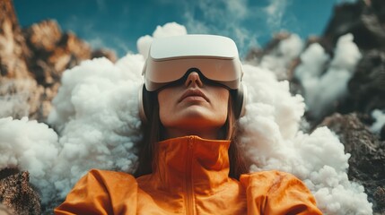 A woman wearing a virtual reality headset sits against a backdrop of dramatic clouds, symbolizing the fusion of technology and nature, embracing innovation and adventure.