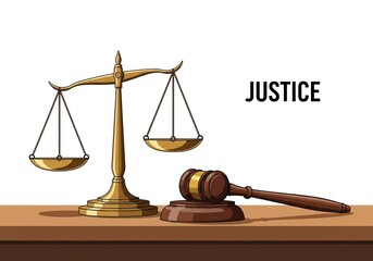 International Day of Justice. flyer, banner, poster. Vector image of scales and gavel of court on white background.