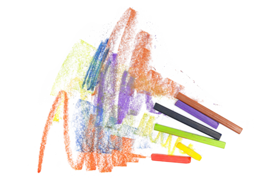 Grunge hand drawn colorful scribble hard pastel, isolated on white, top view