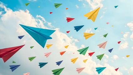 Sky filled with colorful paper planes flying in all directions — joyful and playful tone