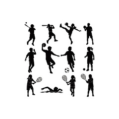 children silhouette vector sport swimming, footbool, tennis, badminton