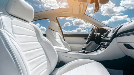 Interior view of a car with white leather seats and a sunroof showing a blue sky with clouds outside