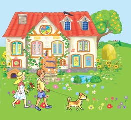  Cartoon house and children playing in the park