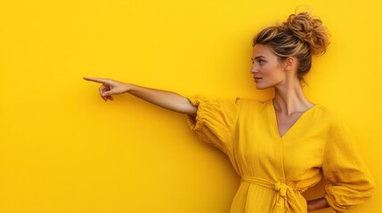 An elegant woman in a stylish yellow dress points toward an undefined space, portraying confidence and creativity against a vibrant yellow backdrop that radiates positivity.