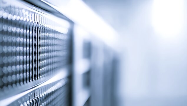 Abstract close-up of modern server racks within a high-tech data center environment, representing robust digital infrastructure for secure information processing.