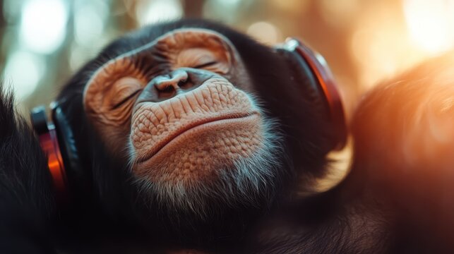 A serene monkey lounging with headphones on, displaying a look of contentment, which highlights the universal appeal of music and relaxation in a tranquil forest setting.