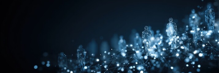Abstract glowing connections and social network icons on a dark background, a banner design with a copy space area A big data technology concept of human figurines connected Generative AI