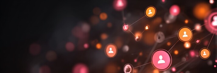 Sleek, dark background with glowing orange and pink social media icons connected by thin lines, representing the concept of digital network and community building in marketing Generative AI