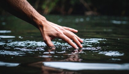 Hand touching calm river water.