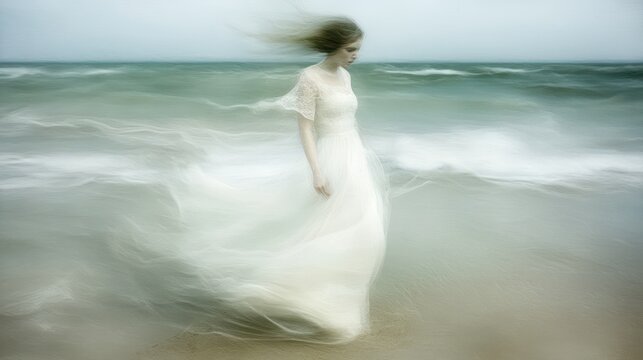 A woman in a flowing white gown walks along a misty shoreline.
