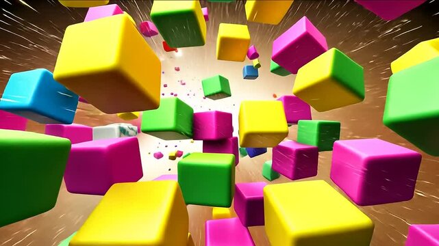 Vibrant Flight of Polymorphic Cubes: Abstract Geometric Forms in a Dynamic Dance