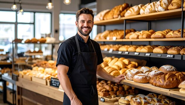 Baker smiling in bakery shop. (1)